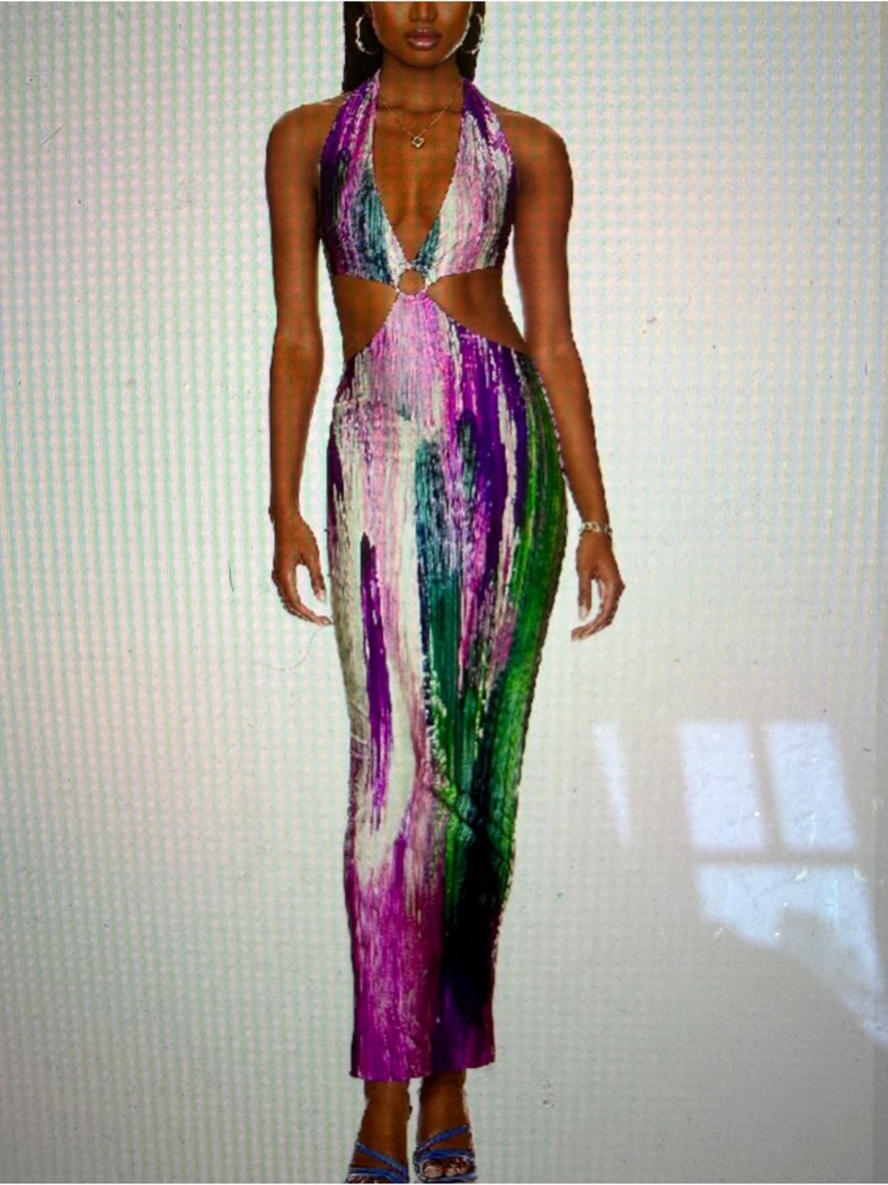 Farai London Halter Backless Maxi Dress in Purple and Green Brushstroke